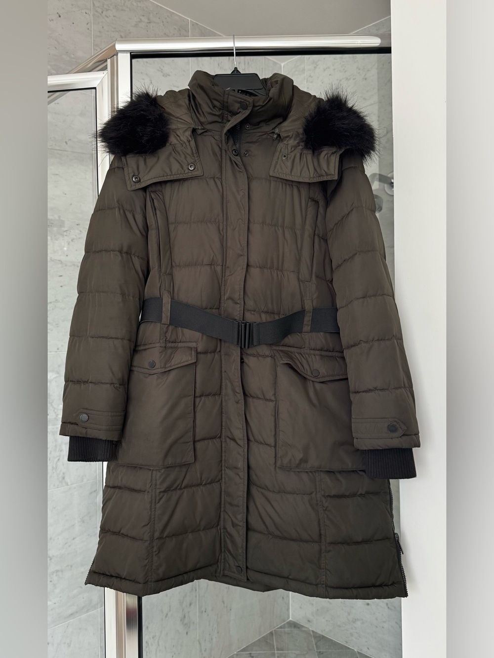 French Connection Olive Green Quilted Belted Puffer Coat with Black Fur Trim